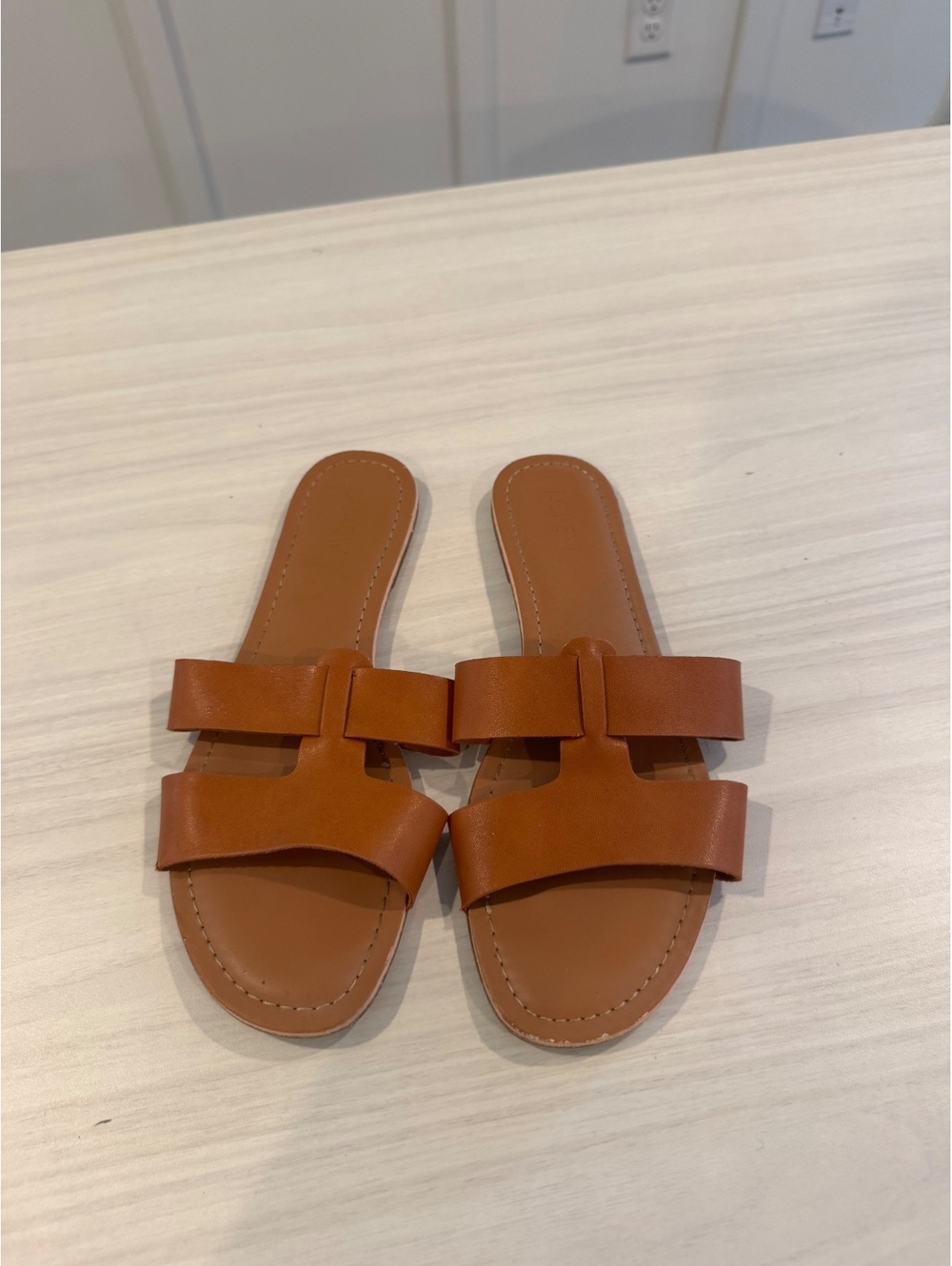 J.Crew Tan Leather Double Strap Slide Sandals Size 8 Runs Small Fits 7